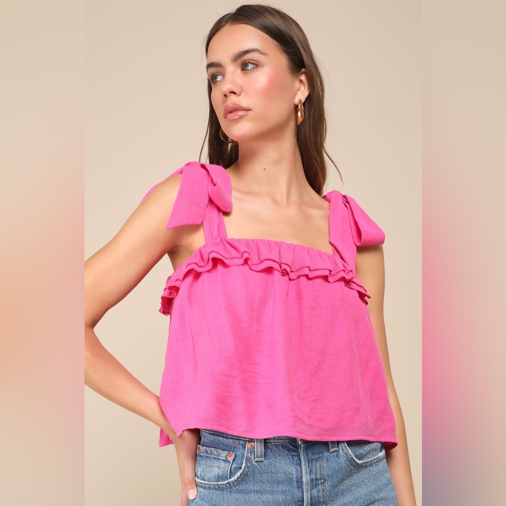 Women Lulus Hot Pink Ruffled Tie-Strap Swing Tank Top Medium Summer‎ Casual Chic
